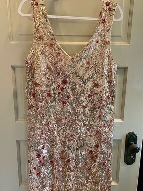 Beaded Floral Ivory Midi Dress with Pink & Green Embroidery
